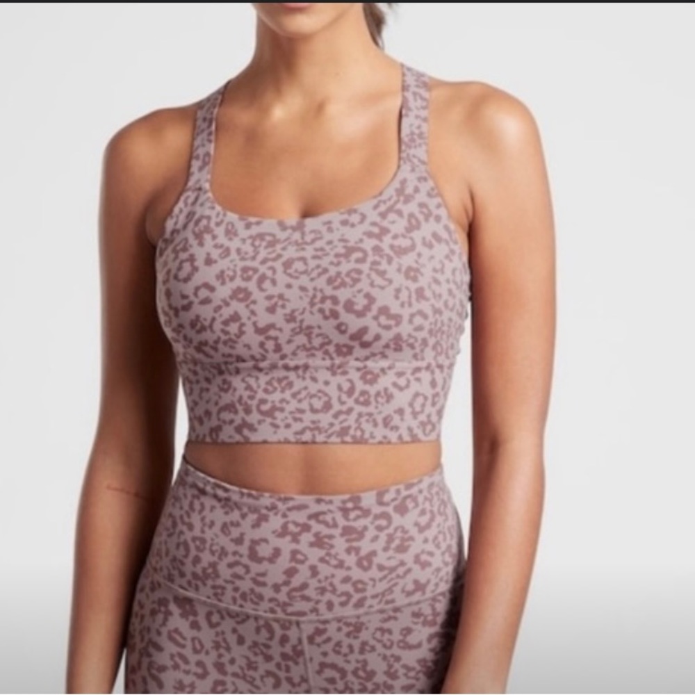Athleta warrior long line bra in pink leopard print
